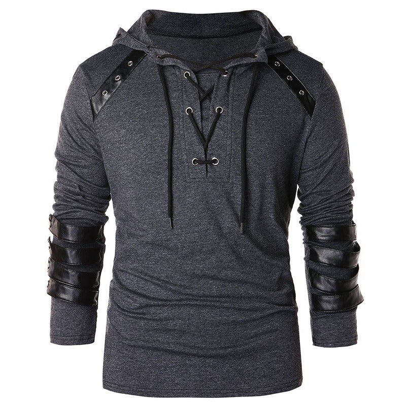 Vintage faux leather lace-up hoodie for men, featuring stylish black leather stripes, ideal for alternative fashion.
