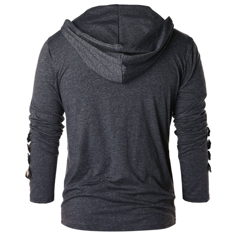Back view of a vintage faux leather patchwork lace-up hoodie for men, featuring a stylish design with drawstring and full sleeves.