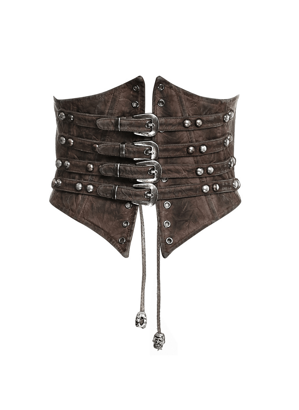 Vintage female corset belt with buckles, rivets, and steampunk style in distressed bronze fabric.