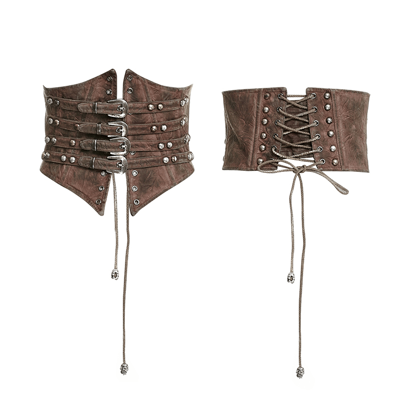Vintage female corset belt with buckles and rivets, showcasing steampunk chic style and intricate design.