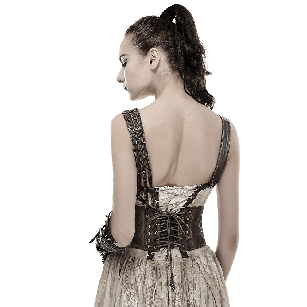 Back view of a vintage female corset belt with buckles and rivets, highlighting intricate details and lace design.