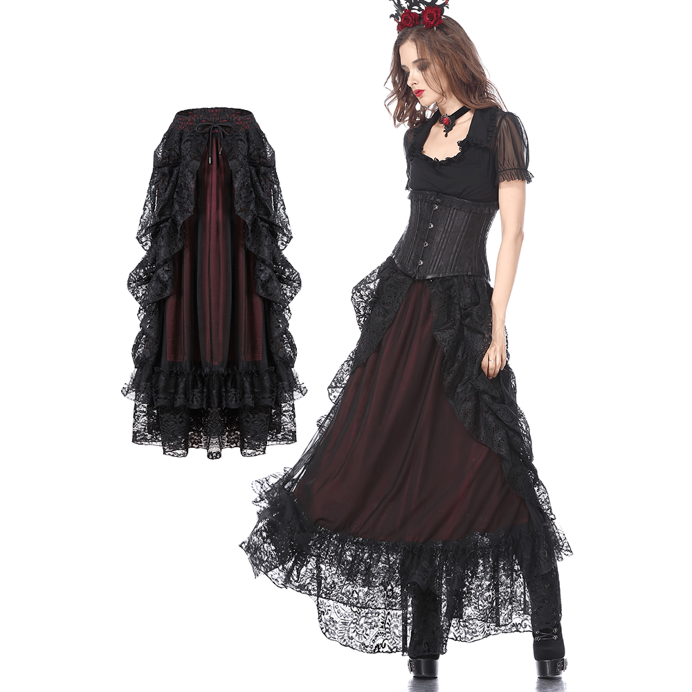 Vintage lace maxi skirt with ruffles, perfect for gothic and steampunk styles, featuring elegant black lace and dramatic bustle.