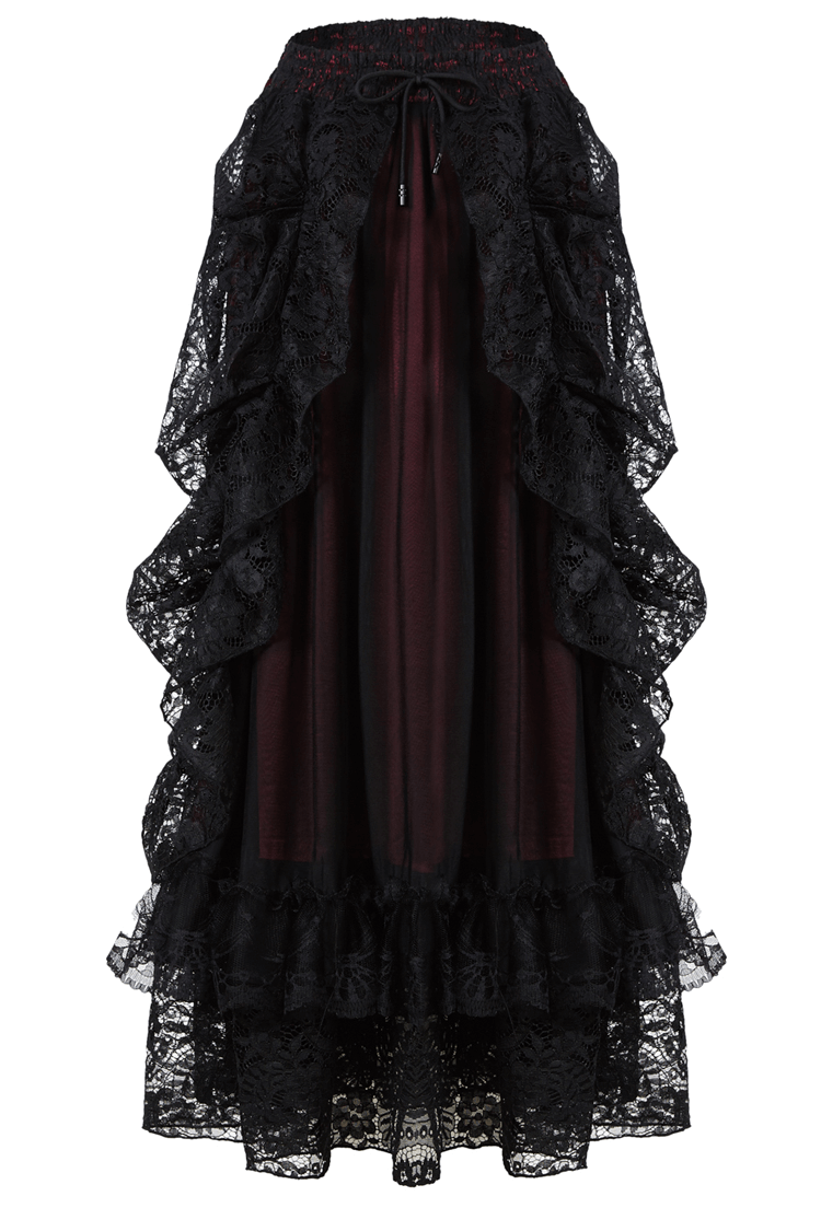 Gothic Victorian black lace maxi skirt with ruffles and dramatic bustle, perfect for steampunk and romantic styles.