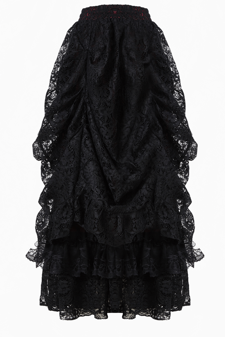 Vintage black lace maxi skirt with ruffles, Victorian-inspired design for gothic and steampunk fashion lovers.