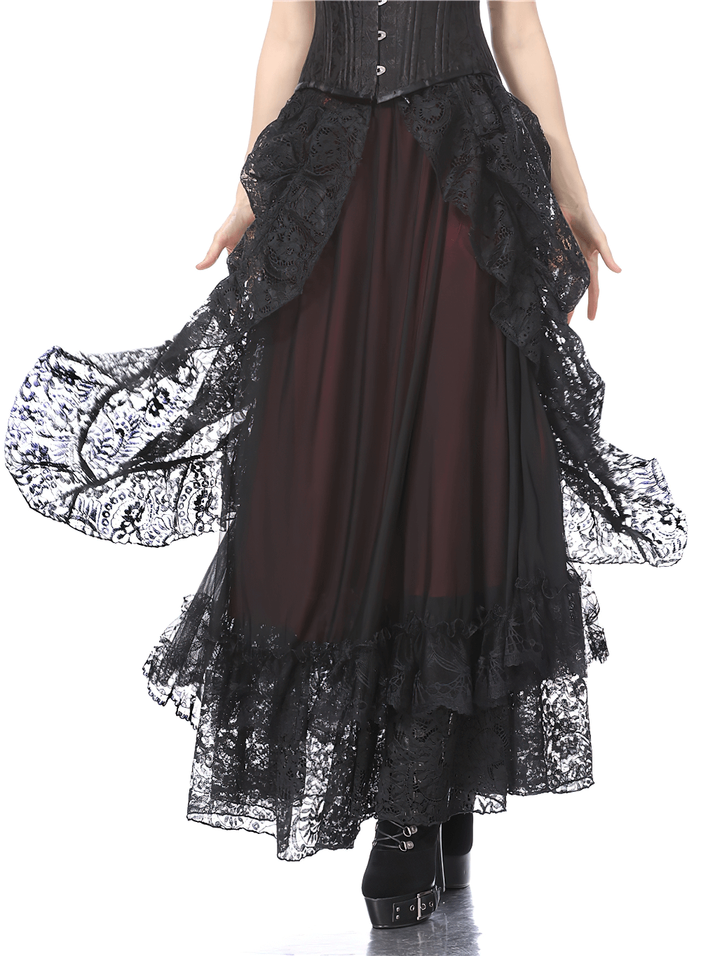 Elegant black vintage lace maxi skirt with ruffles, perfect for gothic and steampunk styles.