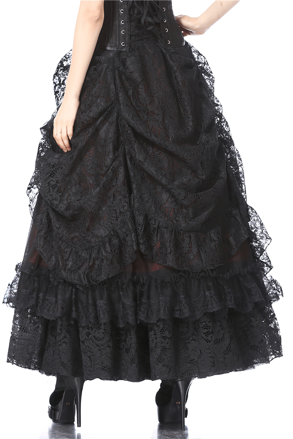 Vintage black lace maxi skirt with ruffles, perfect for gothic and steampunk fashion.