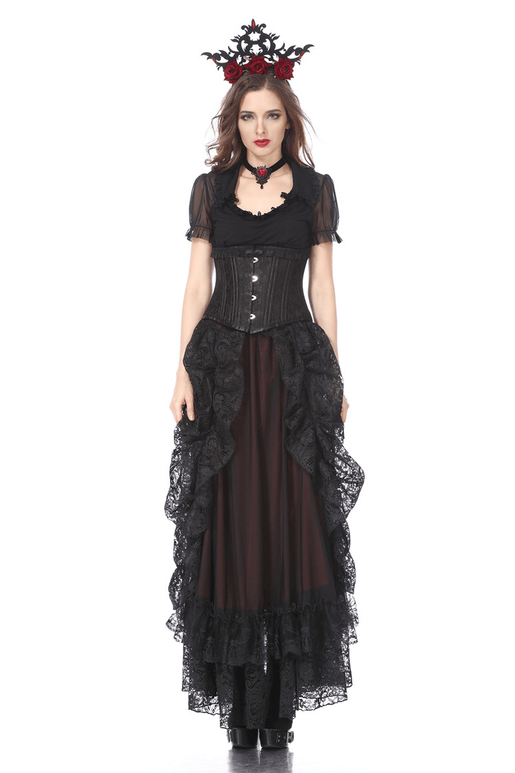 Gothic Victorian lace maxi skirt with ruffles, paired with a corset and crown, perfect for steampunk style.