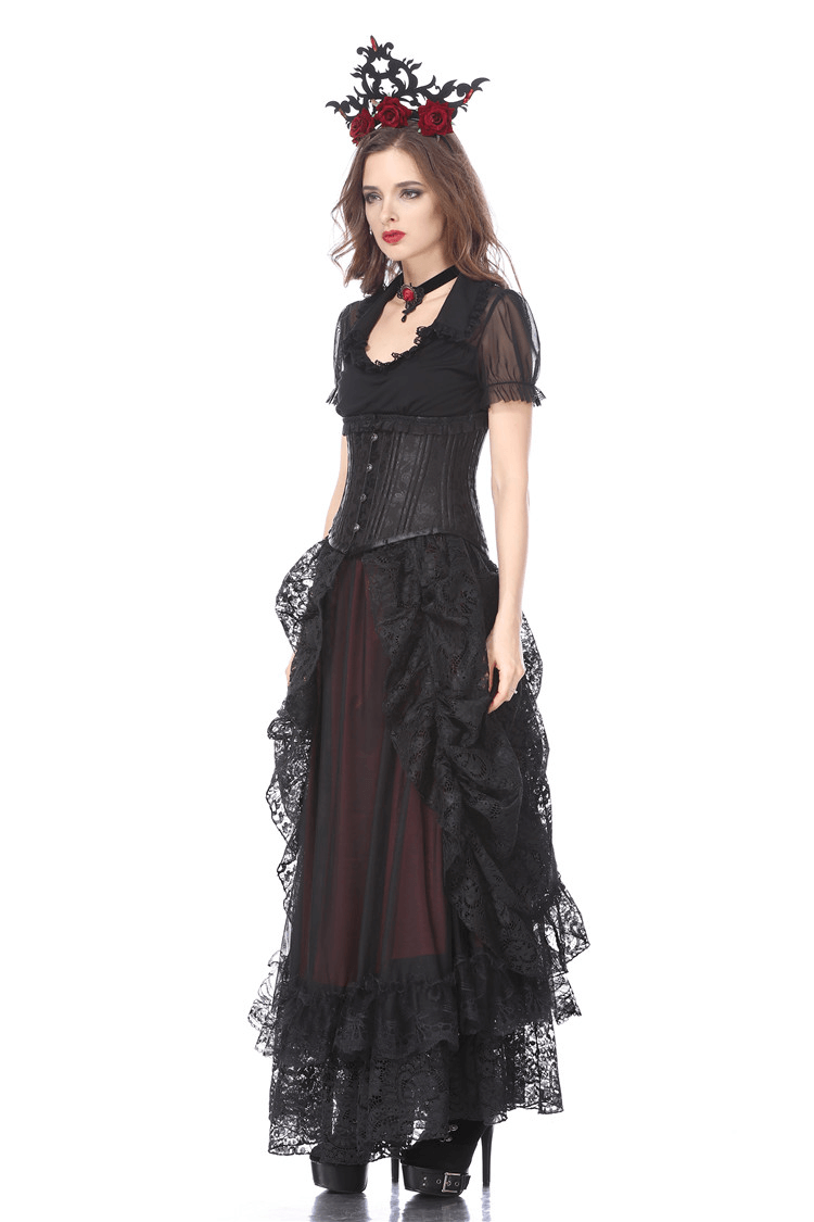 Gothic Victorian lace maxi skirt with ruffles, elegant dark romantic outfit styled with a corset and floral crown.