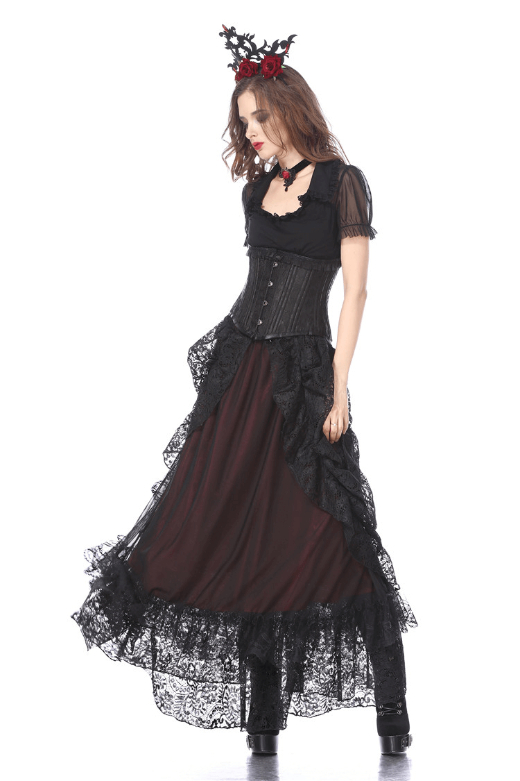 Vintage black lace maxi skirt with ruffles, perfect for gothic and steampunk fashion enthusiasts.