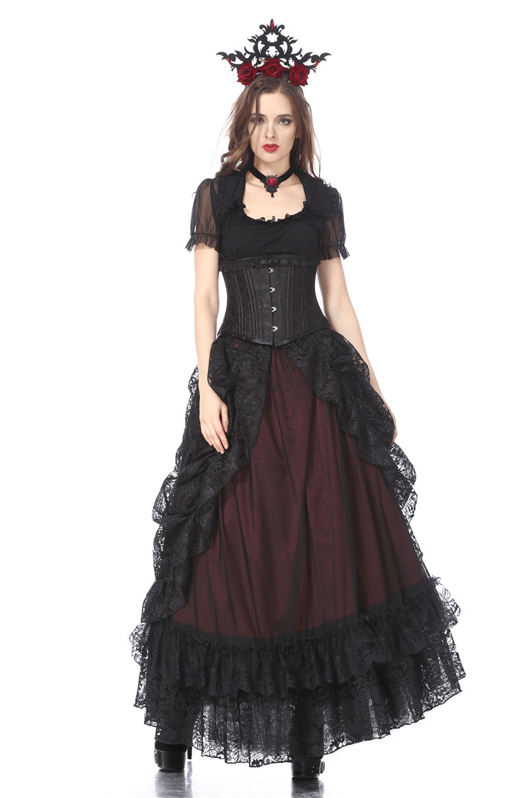 Gothic Victorian ruffled lace maxi skirt with dramatic bustle and elegant accessories for dark romantic style.