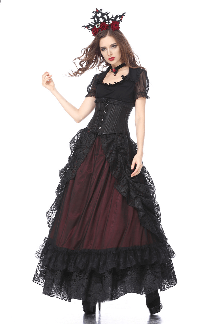 Vintage Gothic Victorian lace maxi skirt with ruffles and corset, perfect for steampunk fashion enthusiasts.