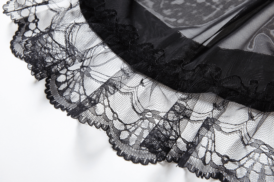 Close-up of intricate black lace with ruffled edges, perfect for a vintage gothic maxi skirt.