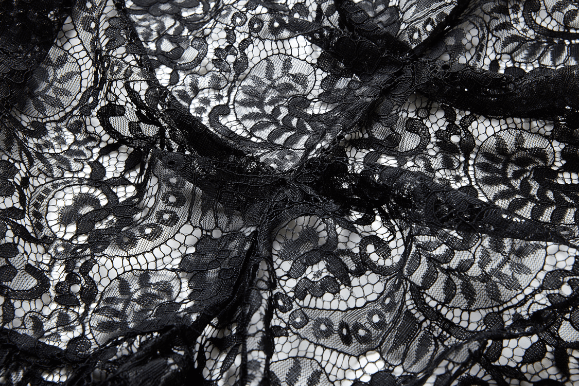 Intricate black lace fabric featuring floral patterns and delicate details for gothic and steampunk fashion.
