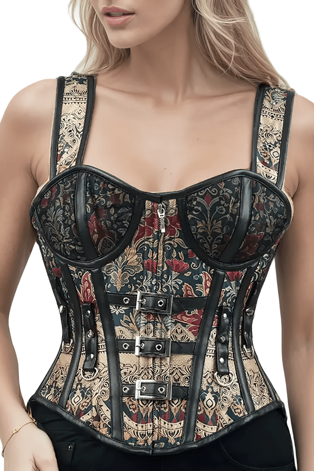Vintage Floral and Vine Overbust Corset with Buckle Detail showcasing floral motifs and structured design.
