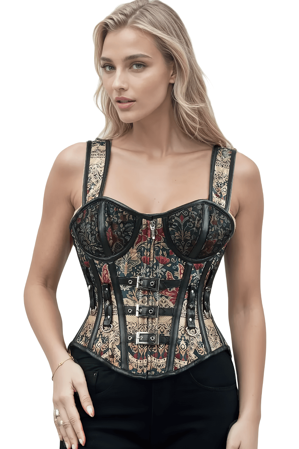 Vintage Floral and Vine Overbust Corset with Buckle Detail, baroque-inspired design in floral print and faux leather trims.