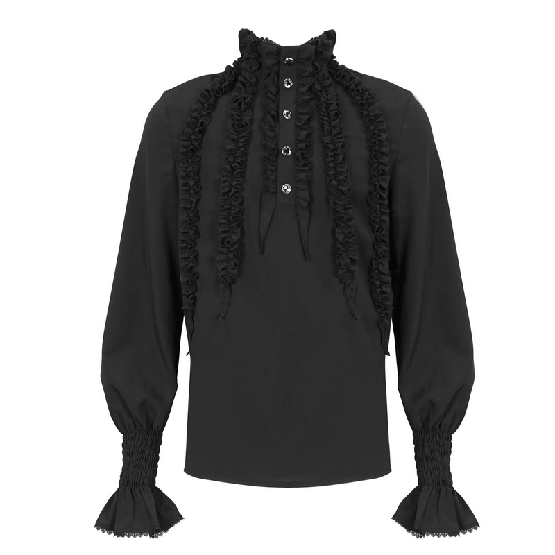 Vintage black men's shirt with frilly long sleeves and ruffled cuffs, featuring a button-front design.