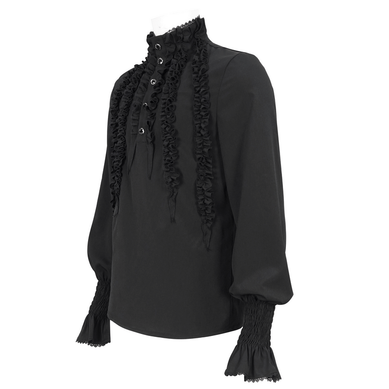 Vintage black shirt for men with frilly long sleeves and ruffled cuffs, stylish button-front design.