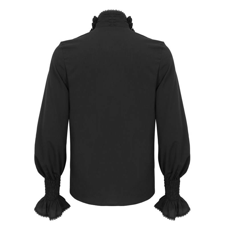 Back view of a vintage black shirt with long sleeves and ruffled cuffs, showcasing its elegant design and frilly details.