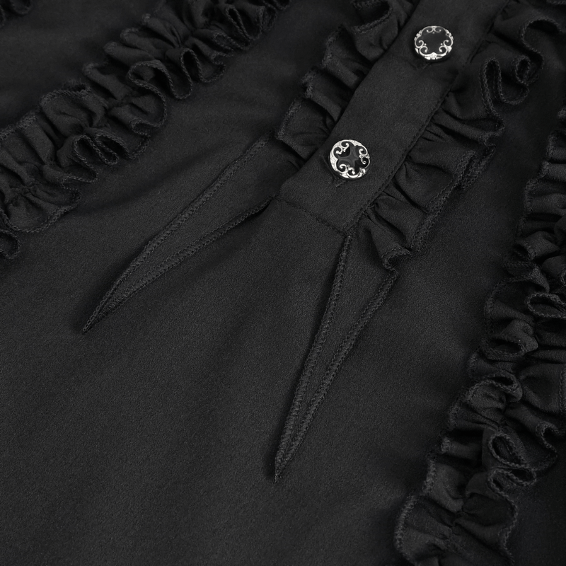 Close-up of vintage black male shirt buttons and frilly ruffled cuffs for a stylish look.