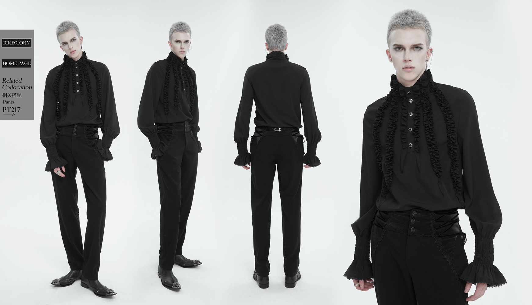 Men's vintage black shirt with frilly long sleeves and ruffled cuffs, perfect for bold fashion statements.