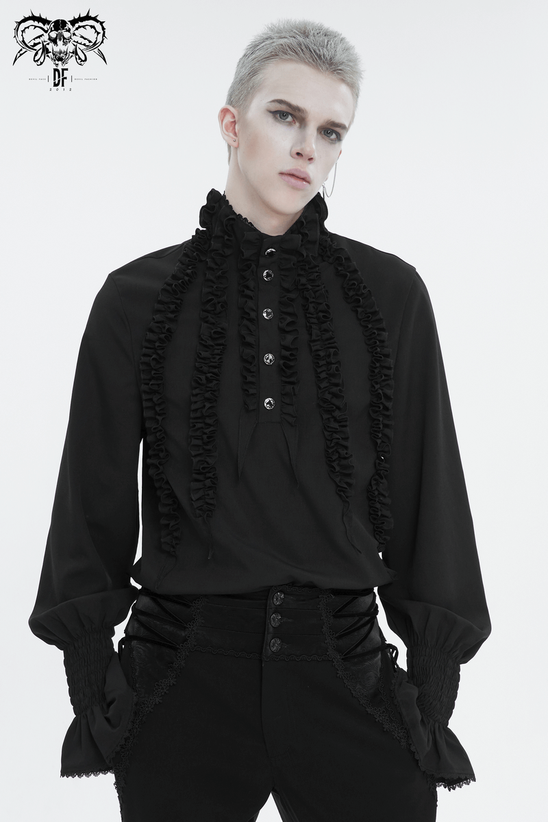 Stylish vintage black men's shirt with frilly long sleeves and ruffled cuffs, perfect for a bold fashion statement.