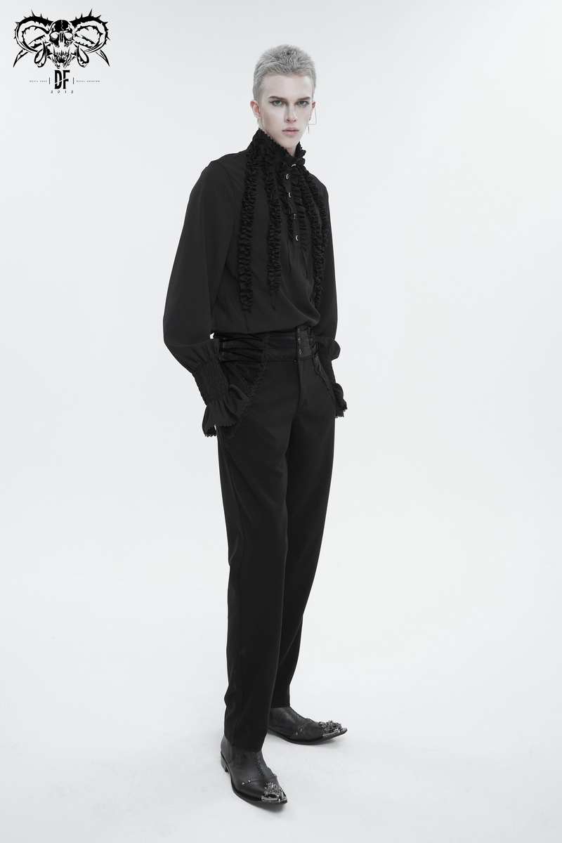 Men's vintage black shirt with frilly long sleeves and ruffled cuffs, embodying timeless elegance and bold fashion.