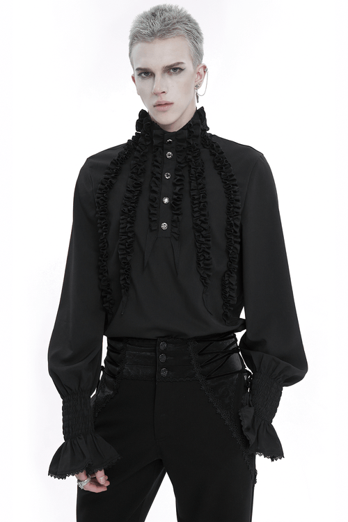 Chemises à manches longues à froufrous vintage avec boutons / Chemise homme noire avec poignets à volants