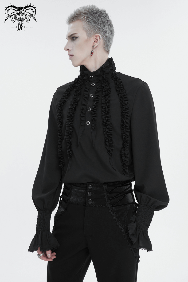 Vintage black men's shirt with frilly long sleeves and ruffled cuffs, showcasing a bold fashion statement.