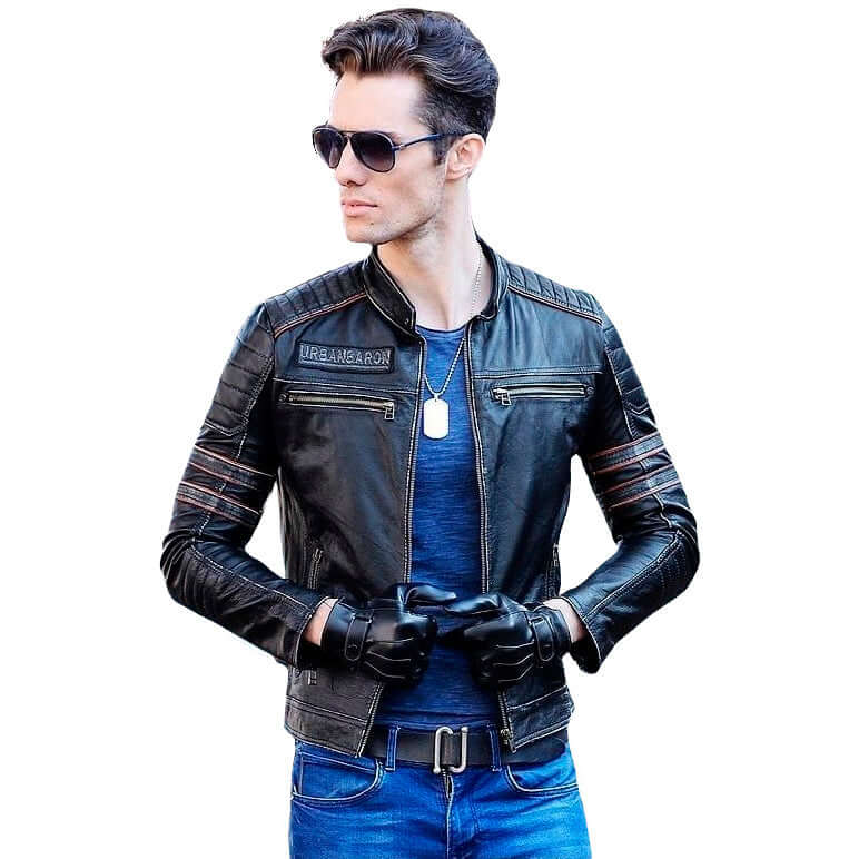 Men's vintage genuine leather biker jacket with skull cross design, perfect for rock and goth styles.
