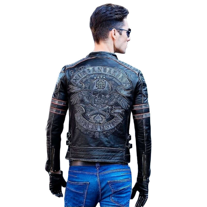 Men's vintage genuine leather biker jacket featuring skull and cross pattern on the back, perfect for rock and goth styles.