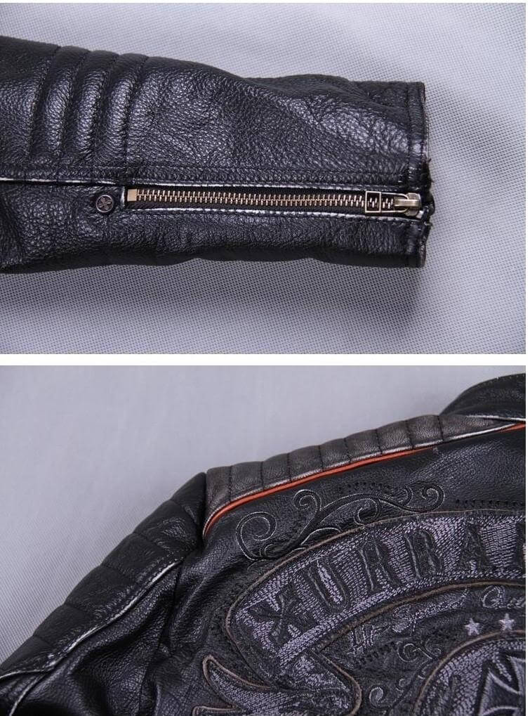 Close-up of vintage genuine leather biker jacket sleeve with zipper and intricate back design.