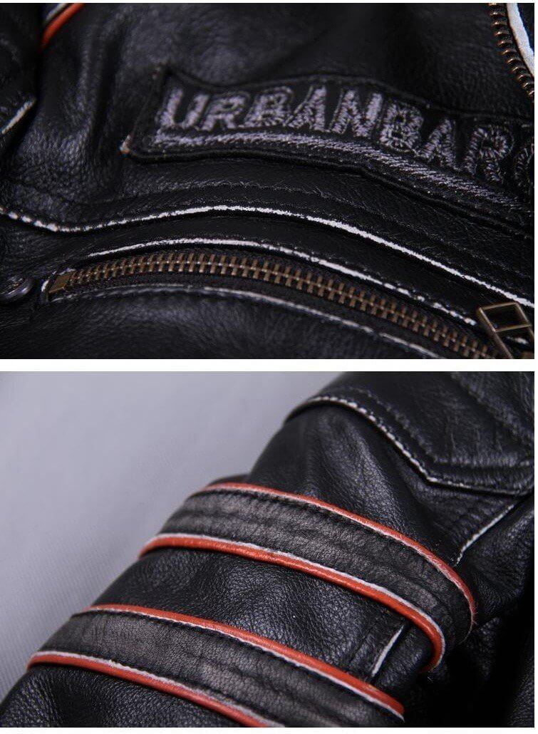 Close-up of black vintage leather biker jacket with Urbanbar label and stylish stitching details.