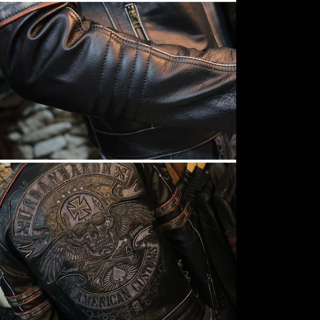 Close-up of vintage genuine leather biker jacket showcasing skull design and textured sleeve detail.