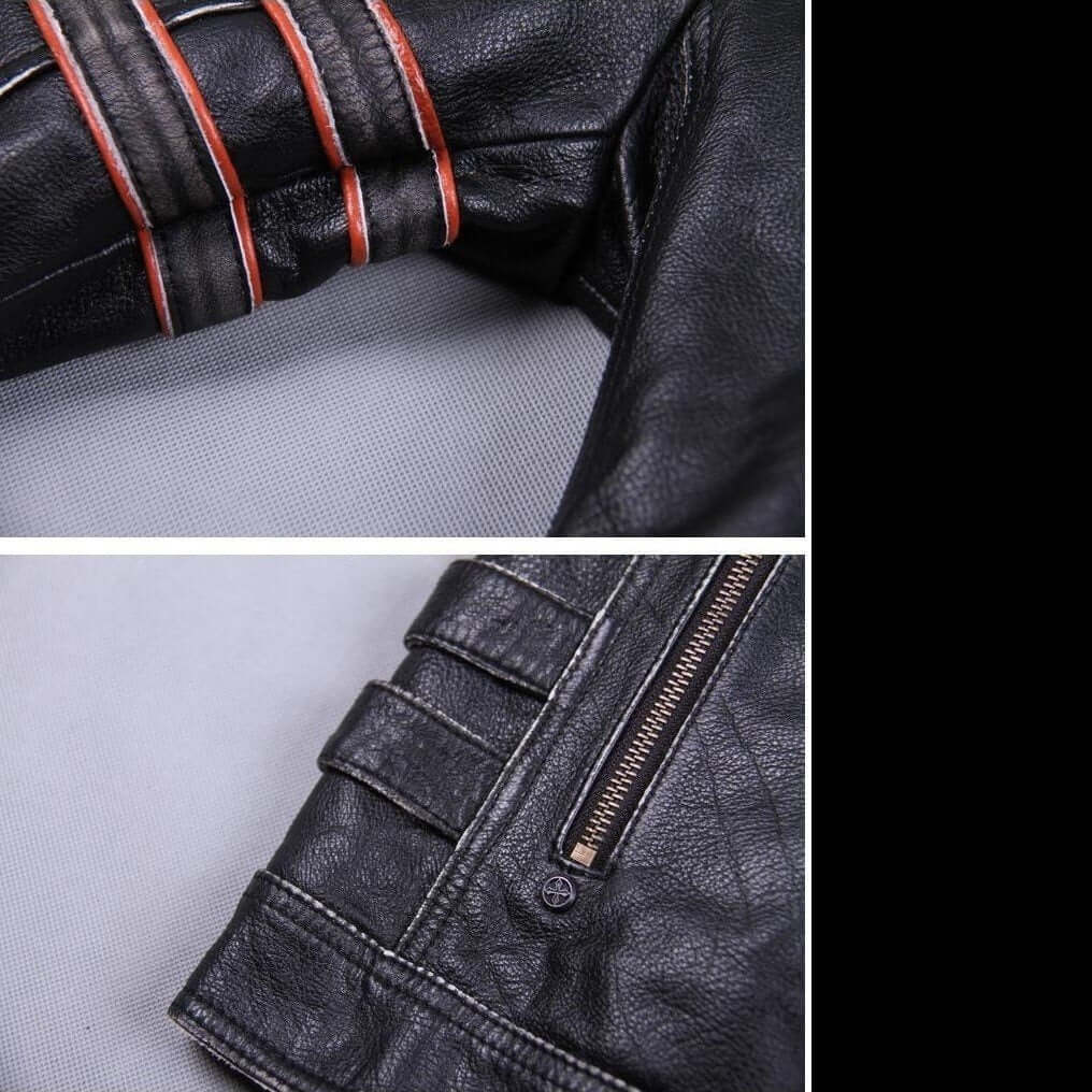 Close-up of a vintage leather biker jacket sleeve, featuring stylish stitching and zipper detail.