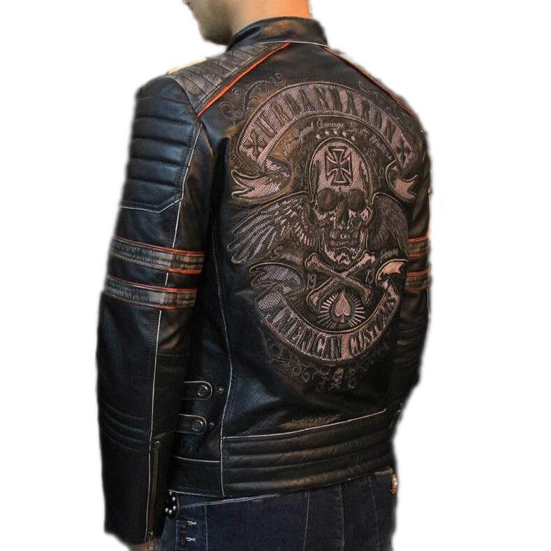 Vintage genuine leather biker jacket with skull and cross back design, perfect for rock and gothic fashion.