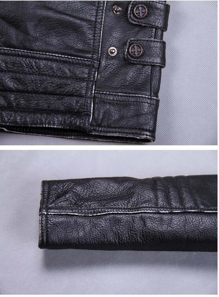 Close-up of the cuff and buttons on a vintage genuine leather biker jacket, showcasing its detailed stitching and design.