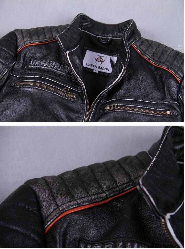 Men's Vintage Genuine Leather Biker Jacket with Skull and Cross detail, Gothic style by Urban Baron.