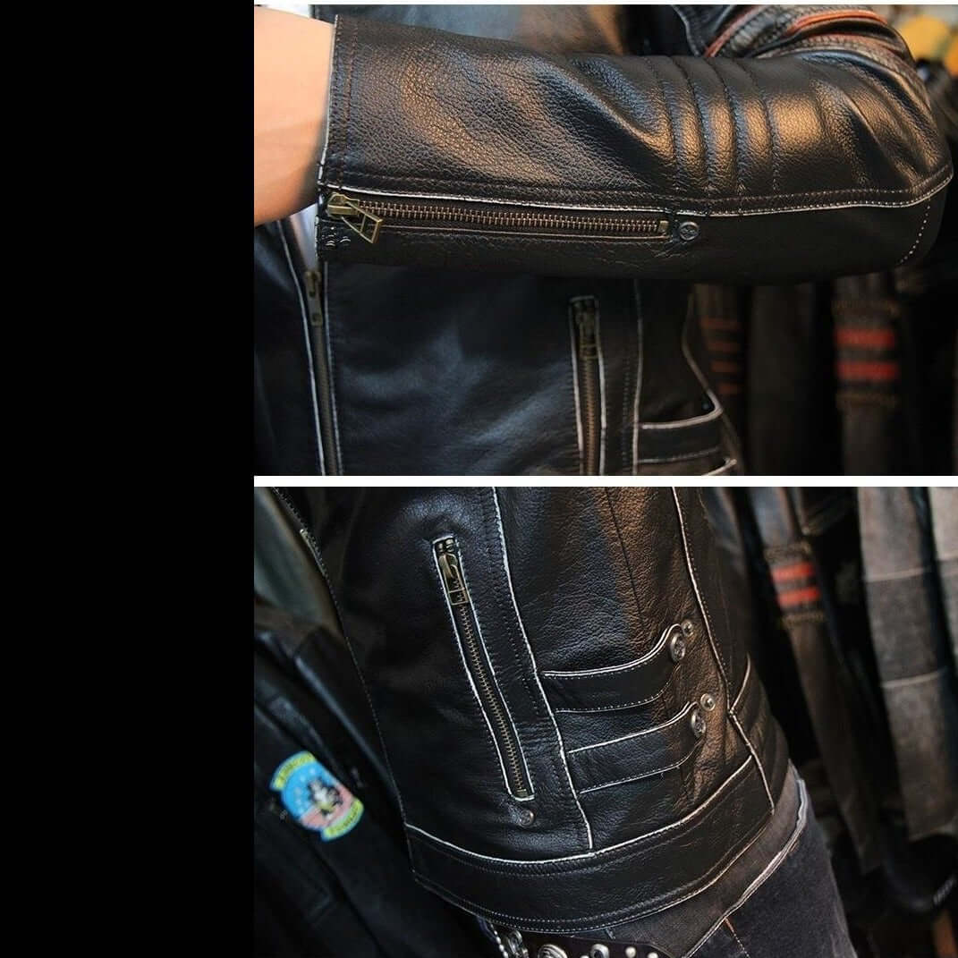 Close-up of a vintage genuine leather biker jacket showing detailed zippers and stitching, perfect for a rock or goth look.