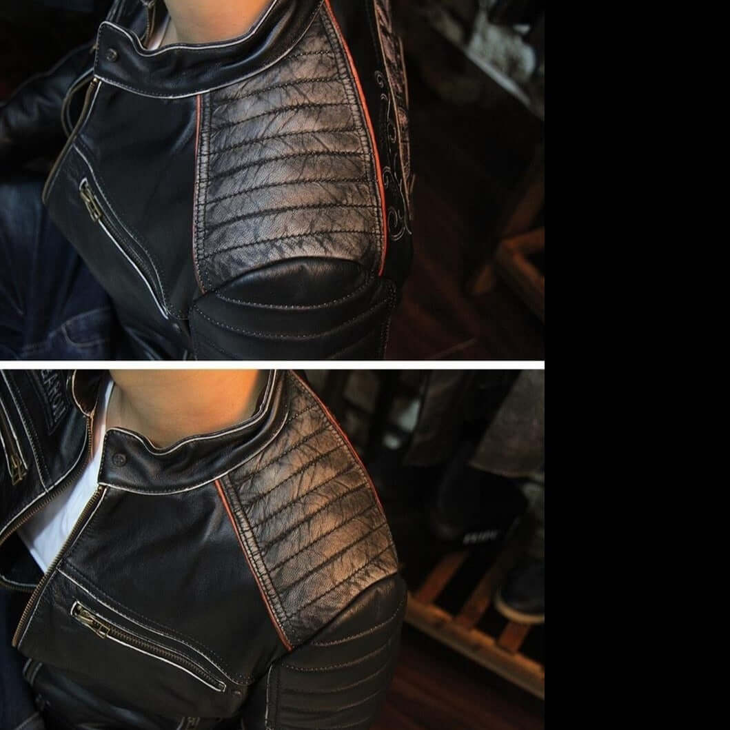 Close-up of vintage genuine leather biker jacket showcasing quilted shoulder design and striking details.