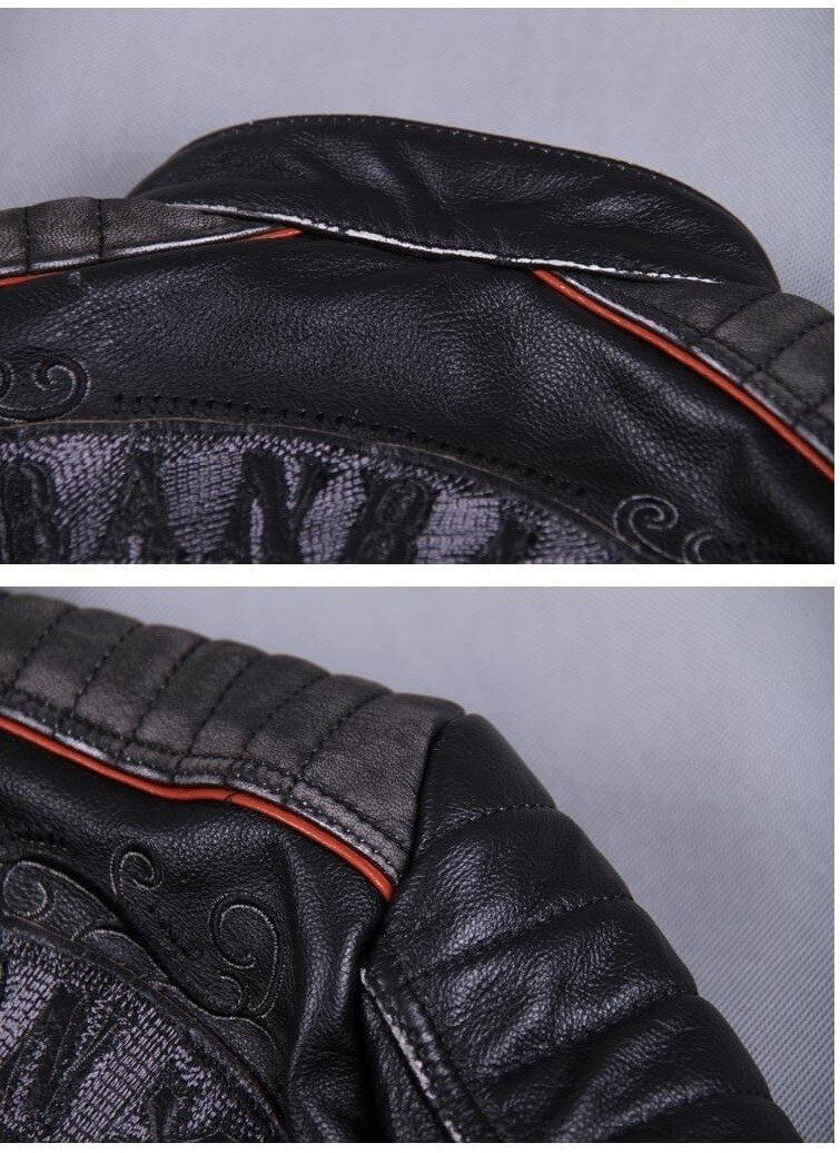 Close-up of the shoulder and collar detailing of a vintage black leather biker jacket.