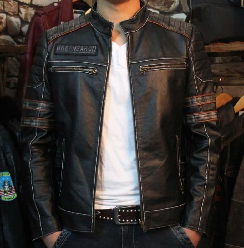 Men's vintage leather biker jacket with stylish design and detailed stitching, perfect for rock and goth fashion.