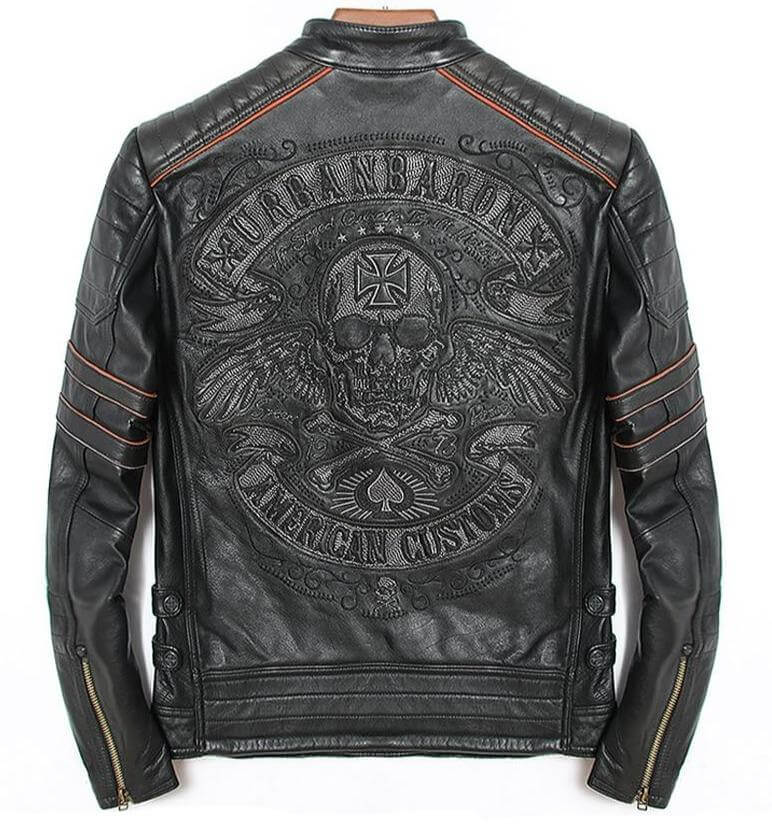 Back view of a vintage genuine leather biker jacket featuring a skull and cross design, perfect for gothic and rock outfits.