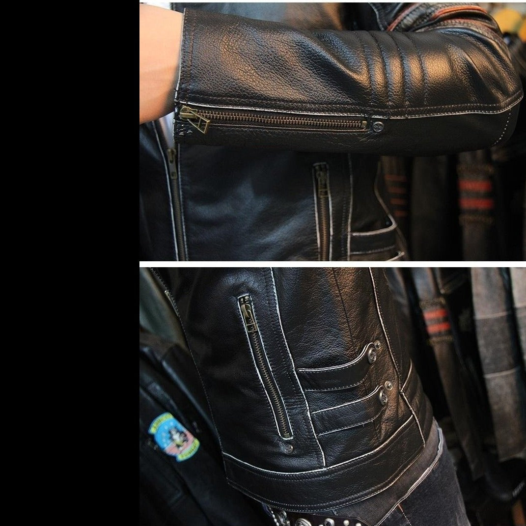 Vintage Genuine Leather Biker Jacket with Skull Cross on Back - HARD'N'HEAVY