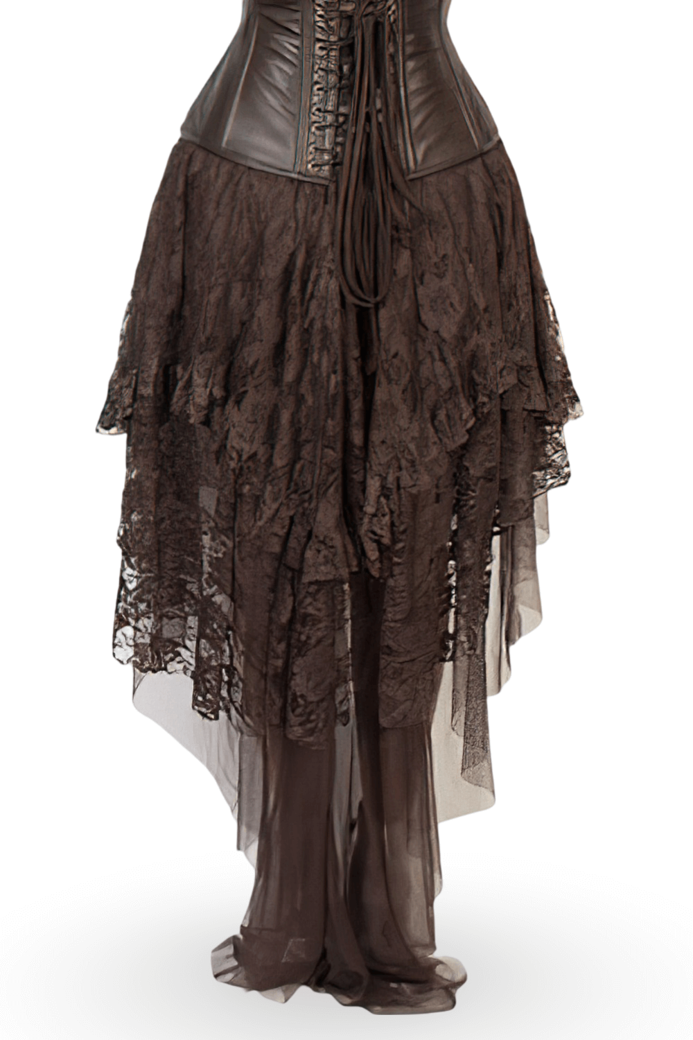 Vintage gothic brown lace skirt with asymmetrical layered hem for steampunk and Victorian style.