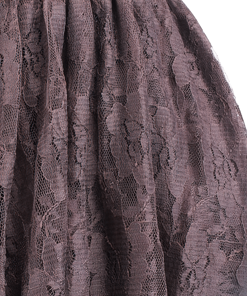 Close-up of vintage gothic brown lace fabric showcasing intricate patterns and textures.