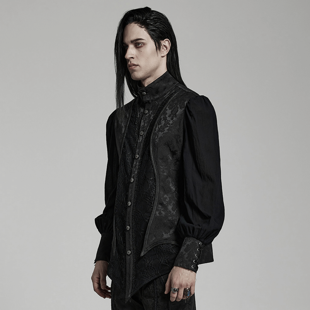 Vintage Gothic button-up jacquard shirt with lantern sleeves and stand collar, showcasing intricate Jacquard fabric patterns.