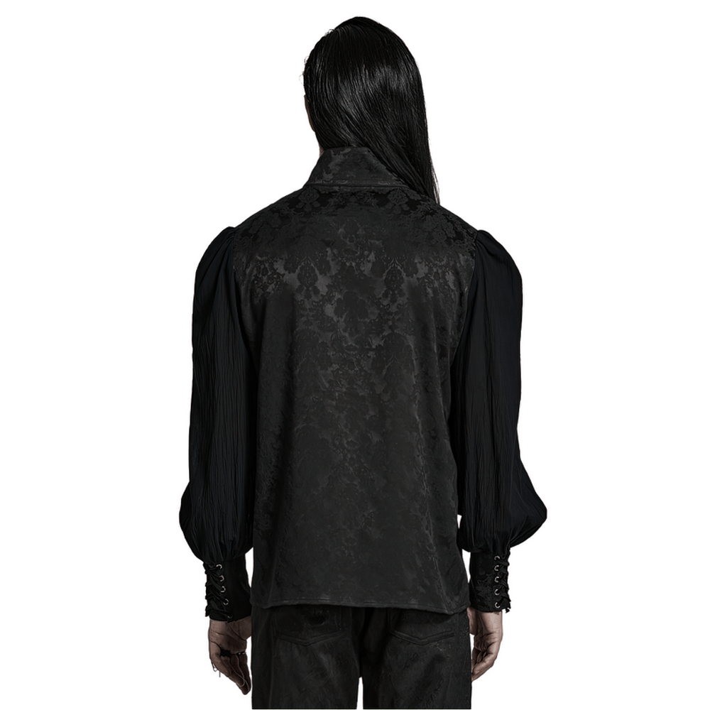 Back view of a vintage gothic button-up jacquard shirt with lantern sleeves and stand collar in black.