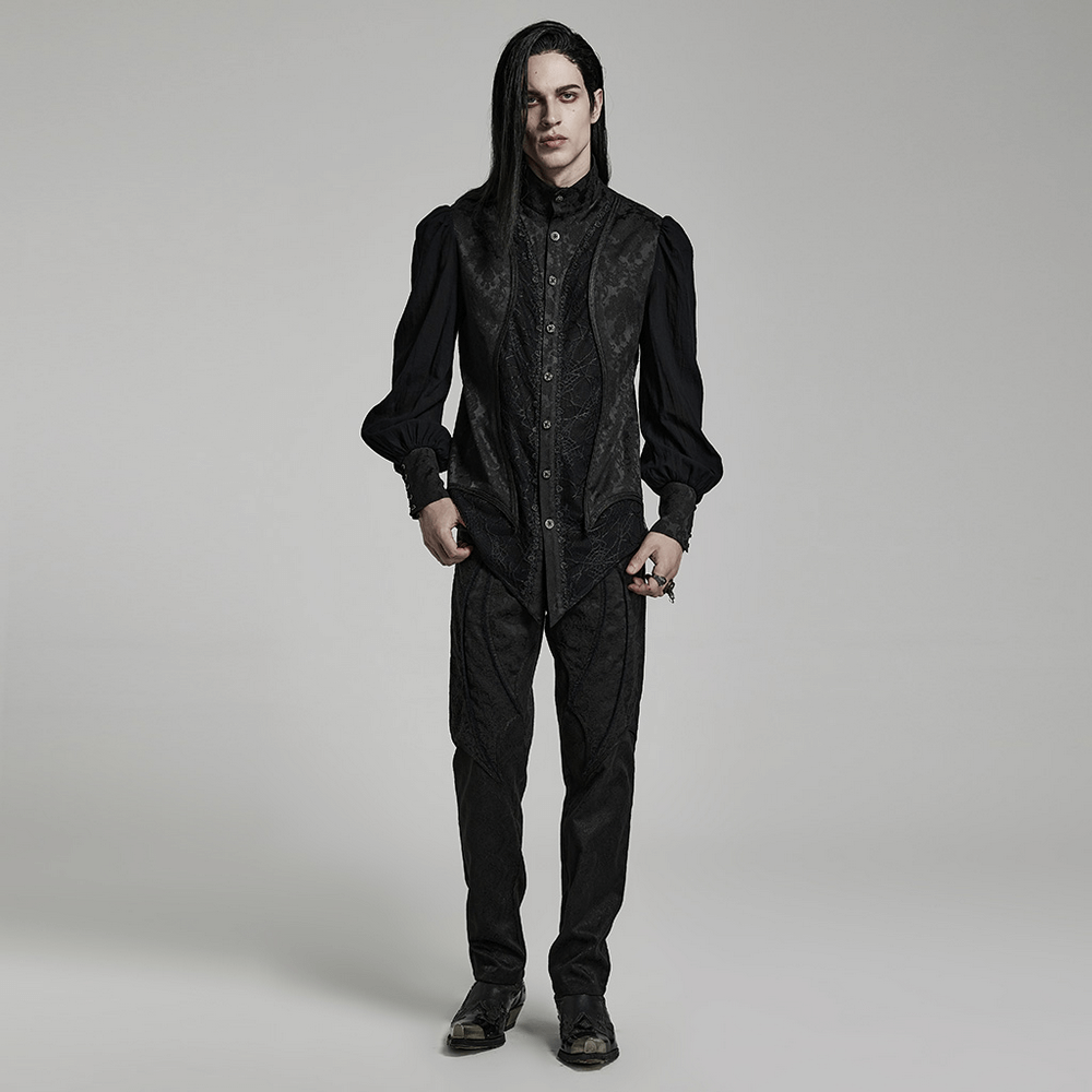 Model wearing a vintage gothic button-up jacquard shirt with lantern sleeves and spider mesh detail.