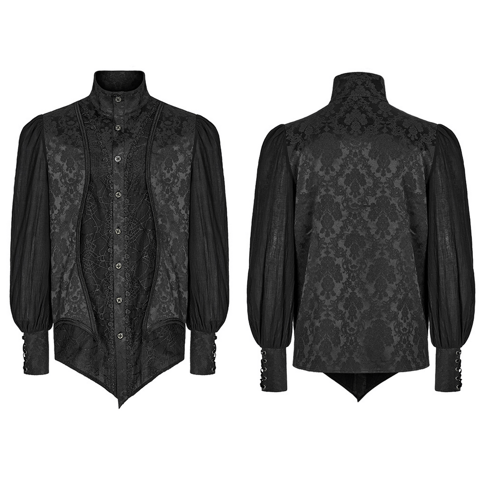 Vintage Gothic button-up jacquard shirt featuring lantern sleeves and a stand collar in black fabric.