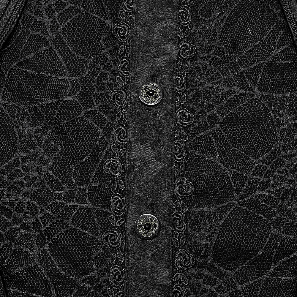 Close-up of vintage Gothic button-up shirt featuring intricate spider mesh and antique silver buttons.